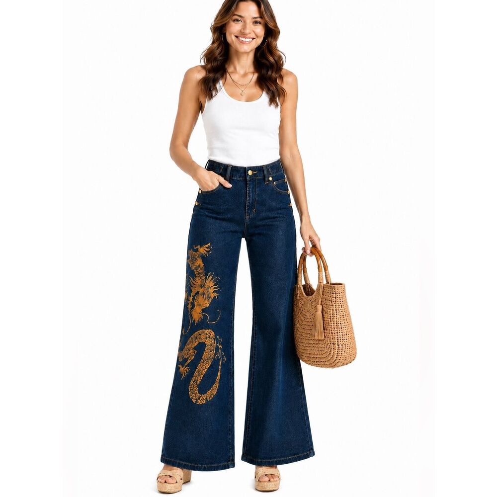 Lauren Jeans Co Dragon Print Wide Leg Sailor Jeans Gold Button Denim Sz 4 NWOT